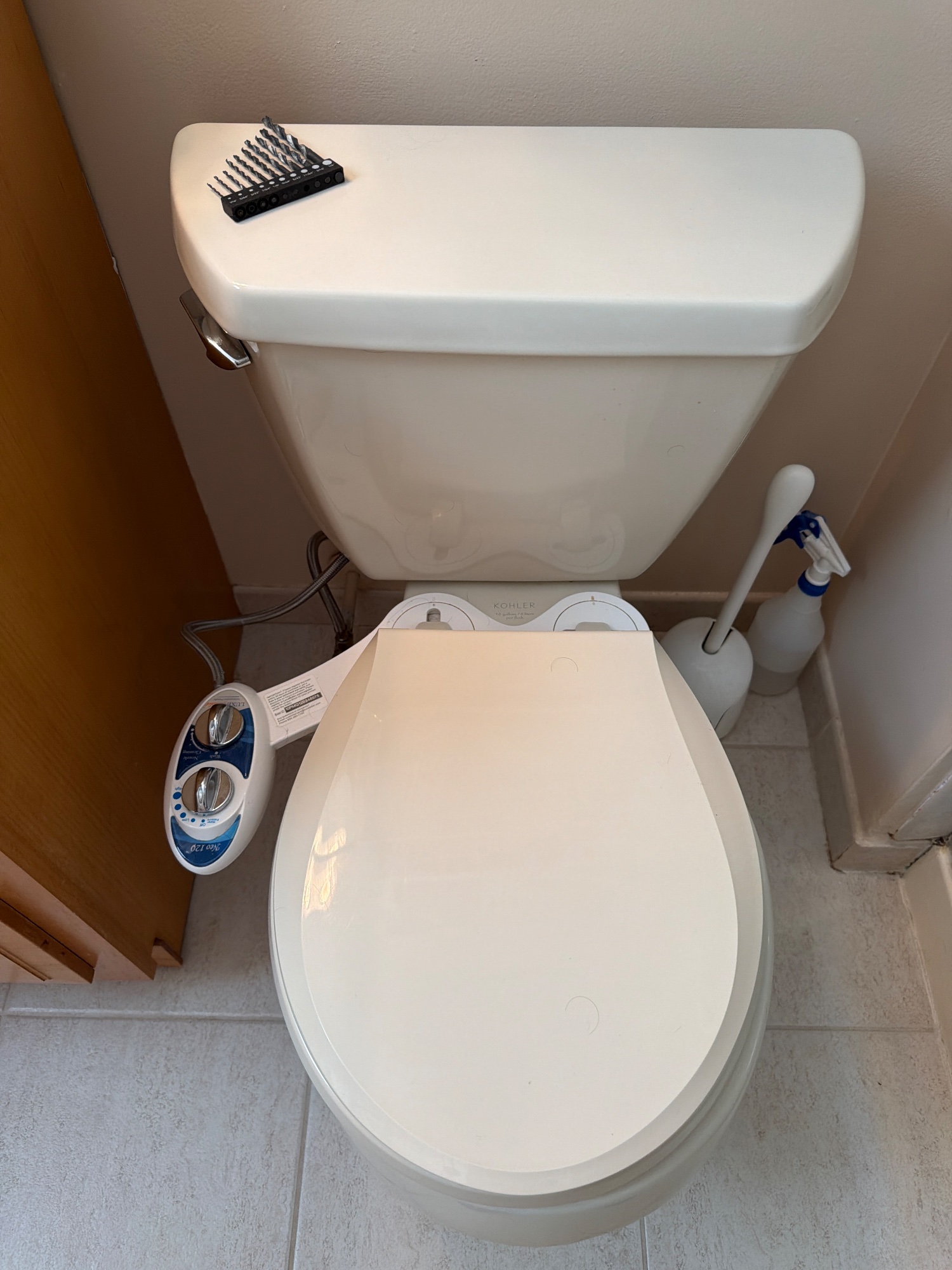 The toilet straight on, including the floor around its base