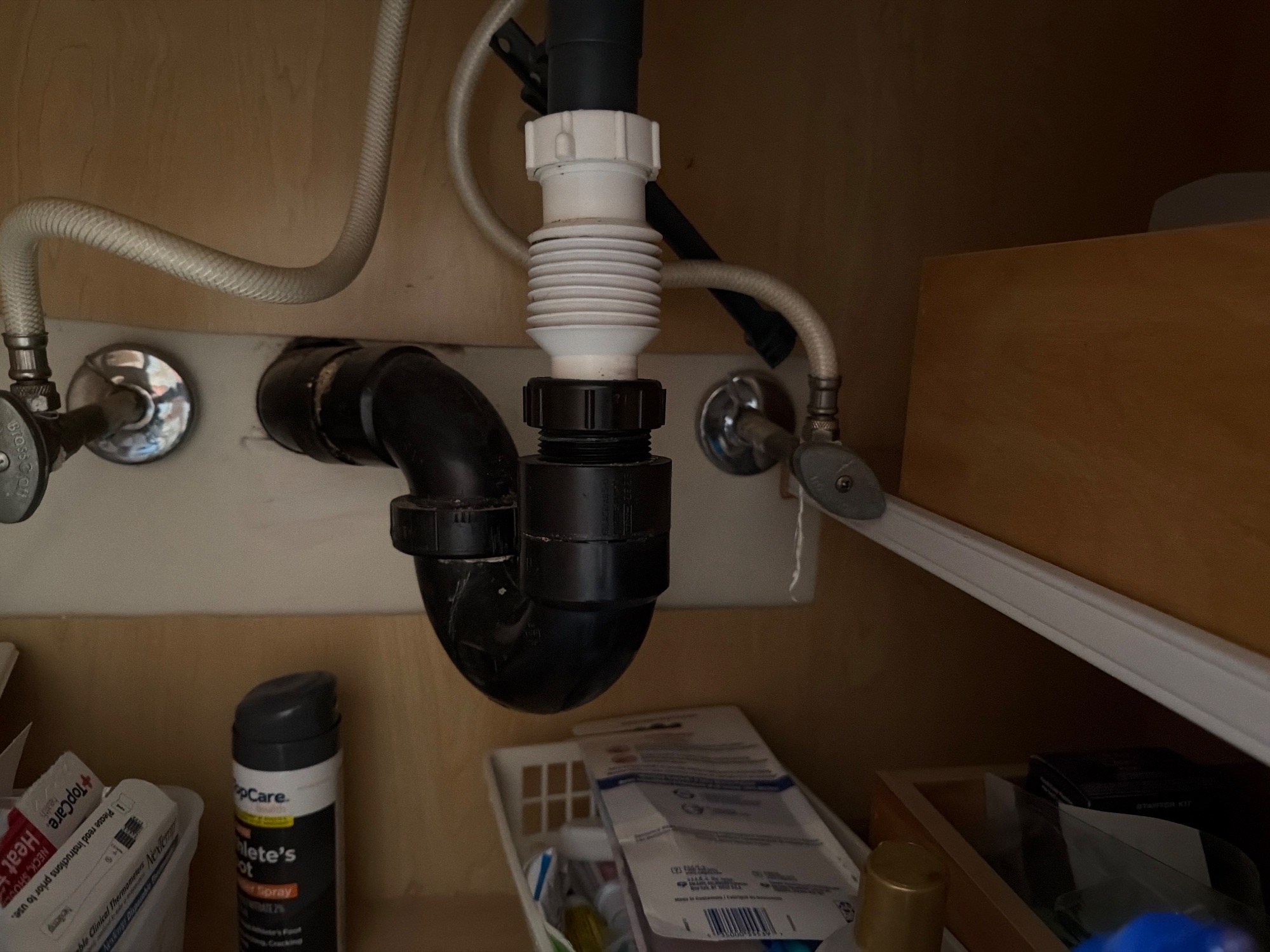 Under the vanity with the doors open, so the pipes are visible